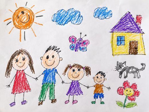 A child's drawing, taped up like on a fridge